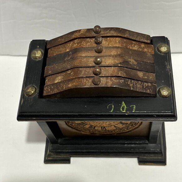 Vintage Wooden Clock Cork Coaster Set Holder 6 Piece Brown Wood Cup 5" - Picture 3 of 16